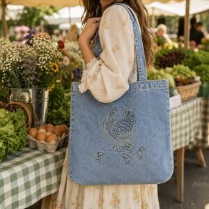 Vintage TYCA Denim Market Tote Bag Rare 3D Embossed Hen & Chicks USA Cottagecore